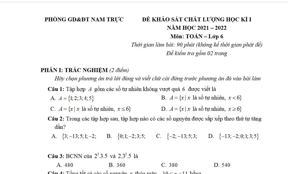Toán 6-Đề kiểm tra cuối kì 1 Phòng GD&ĐT Nam Trực năm học 2021-2022